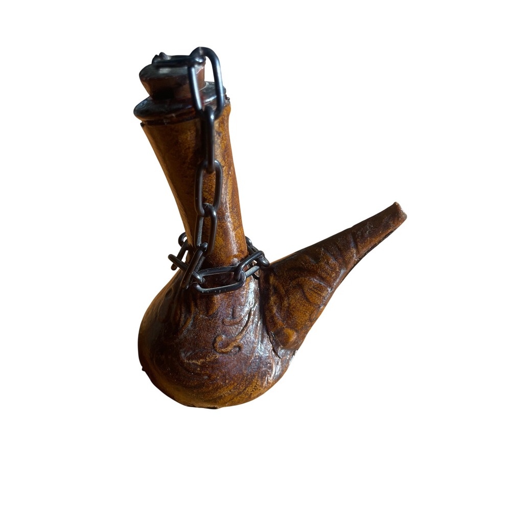 Vintage 70s Porron Tooled Leather Cover Spanish Mini Wine Bottle Decanter Spain